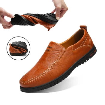 الأحذية الجلدية للرجال عارضة الذكور الوحيد لينة مريحة أحذية الانزلاق على أحذية الرجال الأحذية القيادة الأحذية حجم كبير 38-47