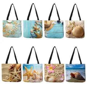 السيدات حقيبة الكتف المحيط الأزرق نجم البحر شاطئ الرمال يطبع حمل حقيبة تسوق نسيج الكتان الجميلة عارضة حقيبة يد عملية