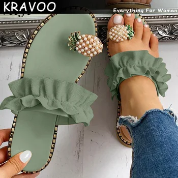 KRAVOO 2023 الصيف النساء جديدة شبشب الأناناس اللؤلؤ اصبع القدم بوهيمية الشاطئ الصيف الصنادل أحذية السيدات بالاضافة الى حجم المرأة فيرانو