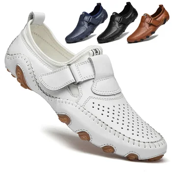 Vanmie جلد الرجال عارضة أحذية اليدوية الإيطالية لينة جوفاء الأحذية الجلدية للرجال تنفس القيادة الصيف الأحذية