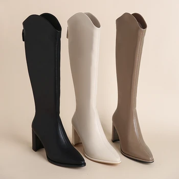 بالاضافة الى حجم 34-43 جديد أحذية النساء سحاب سميكة عالية الكعب بسيطة سميكة عالية الكعب الخريف والشتاء أحذية عالية في الركبة بوتاس