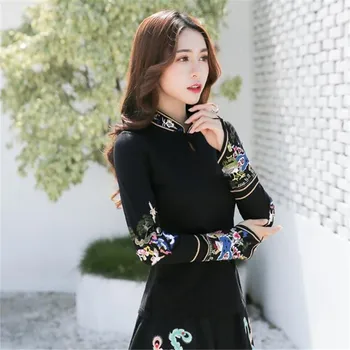 الصينية التقليدية قميص المرأة العرقية اليوسفي طوق طويلة الأكمام الأسود التطريز بلوزة Blusa قمم ازياء تأثيري