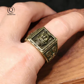 النحاس بوذا ساكياموني رؤساء خاتم خاتم الأزياء والمجوهرات الطرف قابل للتعديل حجم إصبع خاتم النحاس والمجوهرات البوذية عصابة النساء الرجال