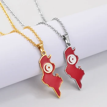 Anniyo تونس خريطة العلم قلادة القلائد التونسية سحر المجوهرات الفولاذ المقاوم للصدأ سلسلة #300101