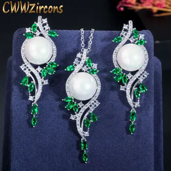 CWWZircons تصميم أنيق الأخضر زركونيا مكعب طويلة كريستال بيرل القرط قطرة خمر قلادة مجموعة مجوهرات للنساء T379