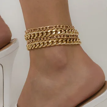 متعدد الطبقات معدنية ذهبية اللون خلخال المرأة مجموعة 2022 خمر الصنادل حافي القدمين في الصيف أساور البنات بريق الأزياء والمجوهرات
