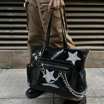 Xiuya القوطية حمل حقيبة العصرية المتناثرة سلسلة حقيبة يد للنساء الربيع 2023 فاسق عالية في الشارع الفتيات عارضة أسود بو الجلود حقيبة