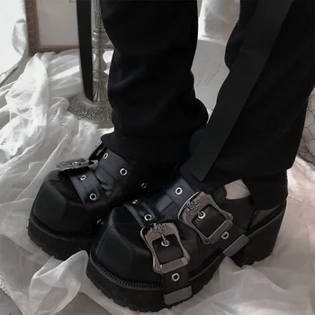 القوطية الظلام الشرير بو الجلود لوليتا الأحذية 2021 جديدة على غرار الحزام رئيس مربع سميكة أسفل الأحذية منصة متعددة ماري جين الأحذية