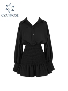 الأسود القوطي فستان قميص المرأة الفرنسية نمط الرجعية خمر فستان طويل الأكمام عارضة أنيقة أنيقة سترة عالية الخصر فستان الشمس 2022