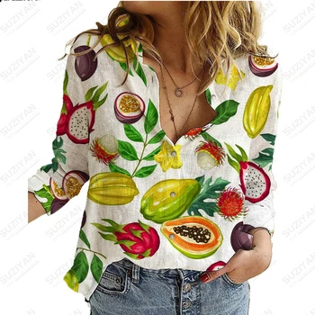 2023Spring والخريف المرأة الجديدة كم طويل قميص الفاكهة 3D الطباعة شخصية عارضة الرقبة بولو زر الأكمام الطويلة سترة أعلى