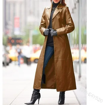 جلد المرأة معطف معطف طويل سليم سليم كبير جلدية واقية
