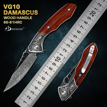 SDOKEDC VG10 دمشق جيب السكاكين للرجال فائدة زعنفة التكتيكية سكين للطي التخييم بقاء الصيد وصيد الأسماك EDC
