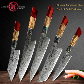1-5 أجهزة الكمبيوتر اليابانية سكين المطبخ مجموعات الحقيقي دمشق سكين AUS-10 الصلب الشيف فائدة سكاكين تقطيع اللحوم أدوات القطع Grandsharp