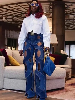 المرأة عارضة الشهير انقطاع جوفاء متقاطع مباشرة مضيئة الدنيم السراويل 2023 الإضافية أزياء واسعة الساق بنطلون جينز