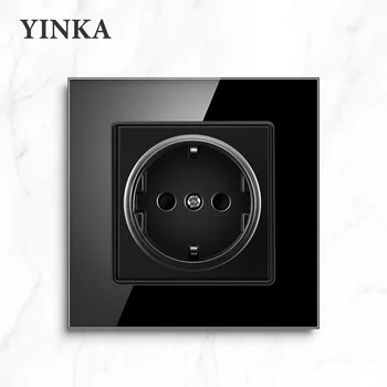 YINKA الزجاج الاتحاد الأوروبي القياسية الكهربائية مأخذ مزدوج USB مقبس 220v الجدار مأخذ التيار الكهربائي الأسود من الذهب الأبيض 86*86mm