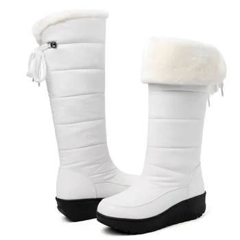 للماء في فصل الشتاء أحذية النساء أحذية الثلوج الدافئة الفراء أفخم عارضة إسفين أحذية عالية في الركبة للبنات أبيض أسود أحذية المطر السيدات
