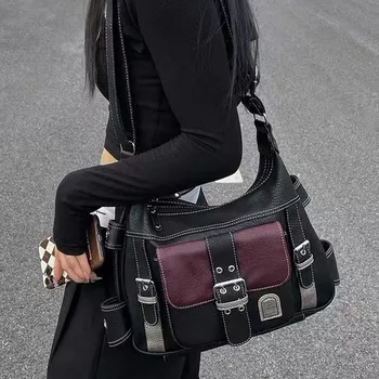Y2K ستايجلايت خمر حقيبة كتف ذات جودة عالية بو الجلود النايلون حقيبة حمل المرأة ركاب الإناث الاتجاه BlacMessenger سستة أكياس