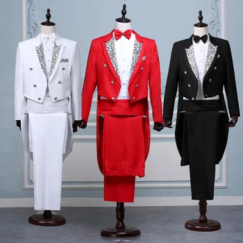 رجال أبيض أسود أحمر جاكار طية صدر السترة معطف الذيل المرحلة المغني زي Homme زفاف العريس حفلة سهرة تناسب الرجال بدلة (جاكيت+بنطلون)
