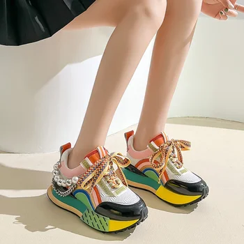 جديد الدانتيل متابعة قزحي الألوان سلسلة اللؤلؤ الزخرفية المرأة مبركن أحذية نسائية منصة SneakersWomen الأحذية بوتاس Mujer 2023