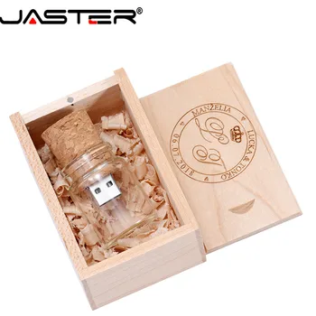 JASTER صندوق من الخشب + الراغبة في زجاجة USB 2.0 flash drive 8GB 16GB 32GB 64GB الزجاج عصا الذاكرة الانجراف زجاجة U القرص هدية الزفاف