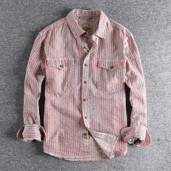 ربيع جديد غسل الكاكي اليابانية الرجعية شريطية طويلة الأكمام قميص الملابس الرجالية جيب الاتجاه فضفاضة الشباب بلوزة