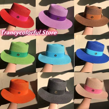 معكرون لون قبعة القش شعار M الشمس قبعة جديدة وعرة قبعة رأس الكورية الأزياء مطاطا الشريط قبعة قبعة الشاطئ لون الحلوى قبعة الشمس