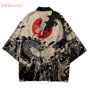التقليدية الساموراي كيمونو الرجال أنيمي اليابانية التنين طباعة تأثيري Haori الإناث سترة يوكاتا قميص الصيف رداء