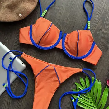 بيكيني مجموعة أنيقة تنفس الخرز الديكور دفع خليط لون ملابس الشاطئ ملابس بنات ملابس السباحة مثير