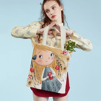 لطيف فتاة الكرتون مزدوجة مطبوعة قماش قابلة لإعادة الاستخدام الطالب حمل حقيبة يد العالم خرافة طفل جميل هدية عارضة حقيبة تسوق