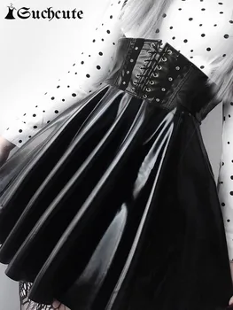SUCHCUTE التنانير النسائية القوطية المتناثرة ضمادة فو الأزياء الكورية مصغرة الأسود مطوي التنانير 2022 في الصيف طرف بو Saias