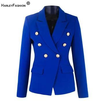HarleyFashion المرأة الأنيقة مصمم الربيع الأزرق السترة عارضة أزرار معدنية ذات جودة سليم الحلل