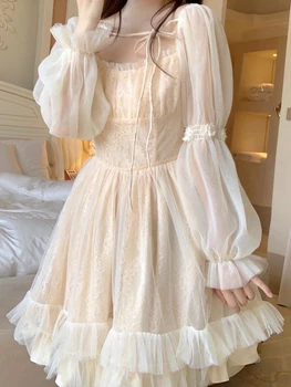 لوليتا Kawaii الأميرة اللباس المرأة الصيف عارضة طويلة الأكمام فستان قصير اليابانية طوق مربع الكشكشة مطوي فساتين
