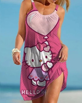 الصيف مرحبا كيتي المرأة مثير شاطئ فساتين 3D الكرتون التعادل صبغ قوس قزح الحمالات خمر ثياب الموضة اللباس حزب