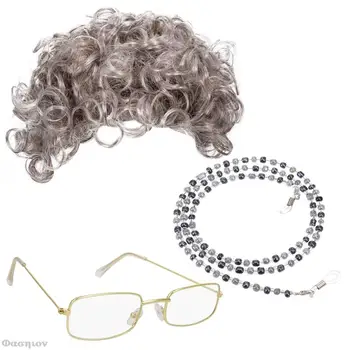 3Pcs/مجموعة السيدة العجوز تأثيري زي جدتي شعر مستعار حبة النظارات سلسلة النظارات مجموعة حفلة تنكرية الطرف هالوين ديكور