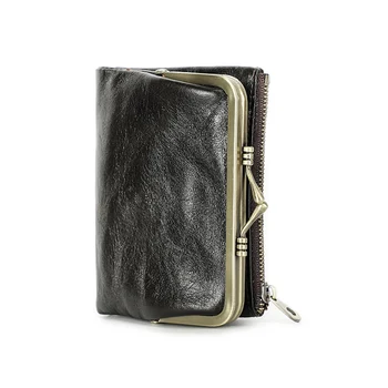 الاتصال محفظة جلدية حقيقية المرأة معدنية صغيرة إطار محفظة السيدات السلامة و سستة جيب عملة بطاقة الائتمان حامل