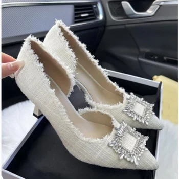 تصميم أبيض أحجار الراين مضخات أزياء الربيع أشار اصبع القدم النسائية الضحلة أحذية عالية الكعب أنيقة عمل المرأة الأحذية اللباس