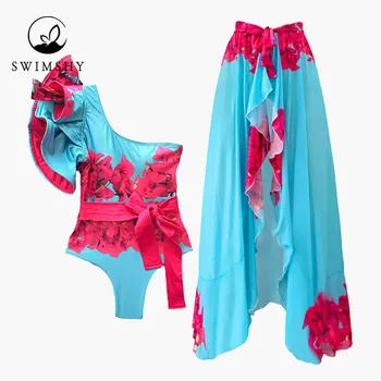 أزياء الطباعة الأزهار كشكش Colorblock بكيني قطعة واحدة ملابس السباحة مثير العميق الخامس الرقبة ملابس عطلة الشاطئ ملابس عارية الذراعين سليم