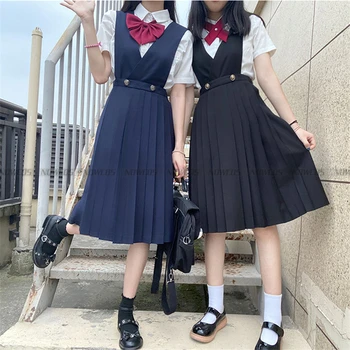 فتاة يابانية طويلة مطوي اللباس الصيف المرأة بلا أكمام ميدعة اللباس JK عالية الزي المدرسي فئة موحدة الطلاب
