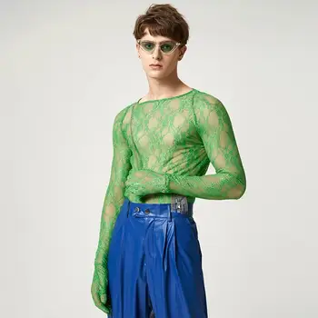 2023 أزياء الرجال التي شيرت مش الدانتيل شفاف O-الرقبة طويلة الأكمام قفازات الرجال الملابس اللياقة البدنية الشهير Camisetas 5XL INCERUN 7