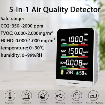 CO2 متر 3 في 1/5 في 1 درجة الحرارة استشعار الرطوبة اختبار نوعية الهواء مراقبة ثاني أكسيد الكربون TVOC الفورمالديهايد HCHO كاشف